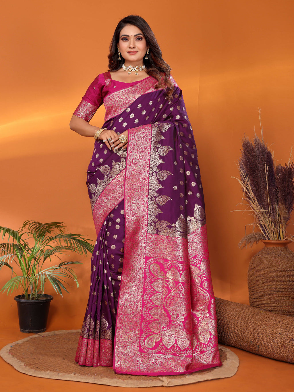 Magenta traditional banarasi silk saree with zari weaving work