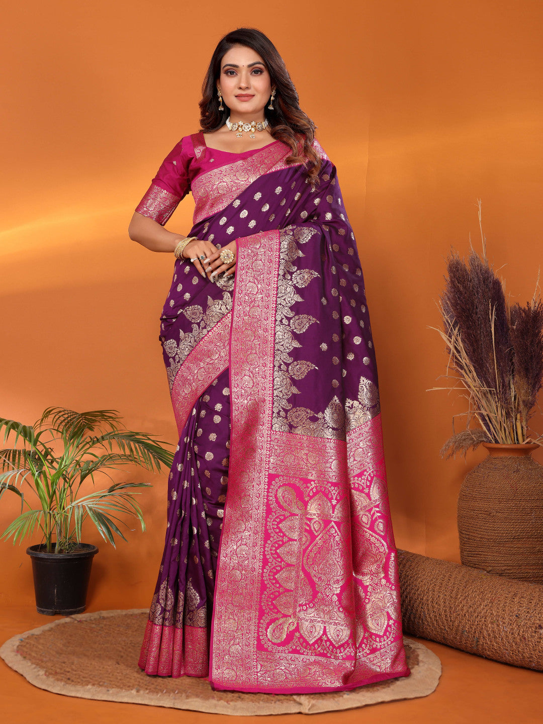 Magenta traditional banarasi silk saree with zari weaving work
