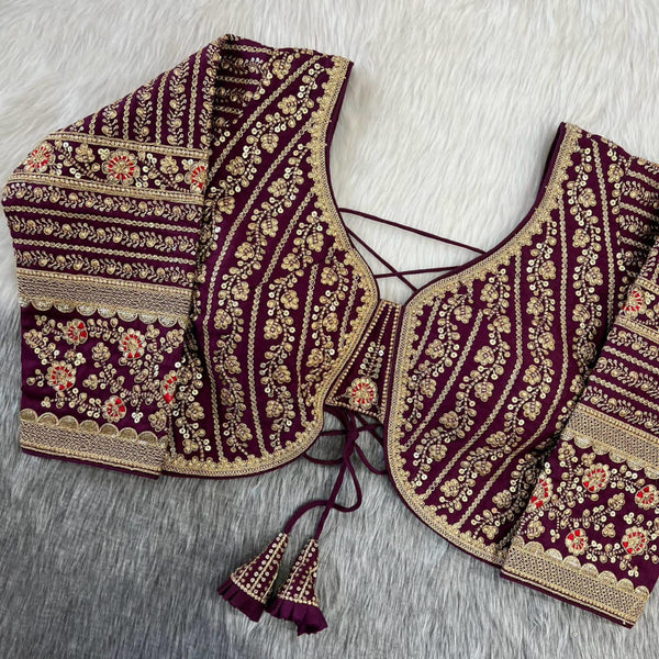 Wine zari weaving embroidery & sequence work designer readymade blouse
