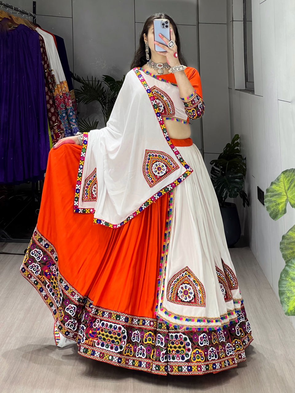 Rayon Cotton Lehenga Choli with Traditional Gamthi Embroidery and Matching Dupatta