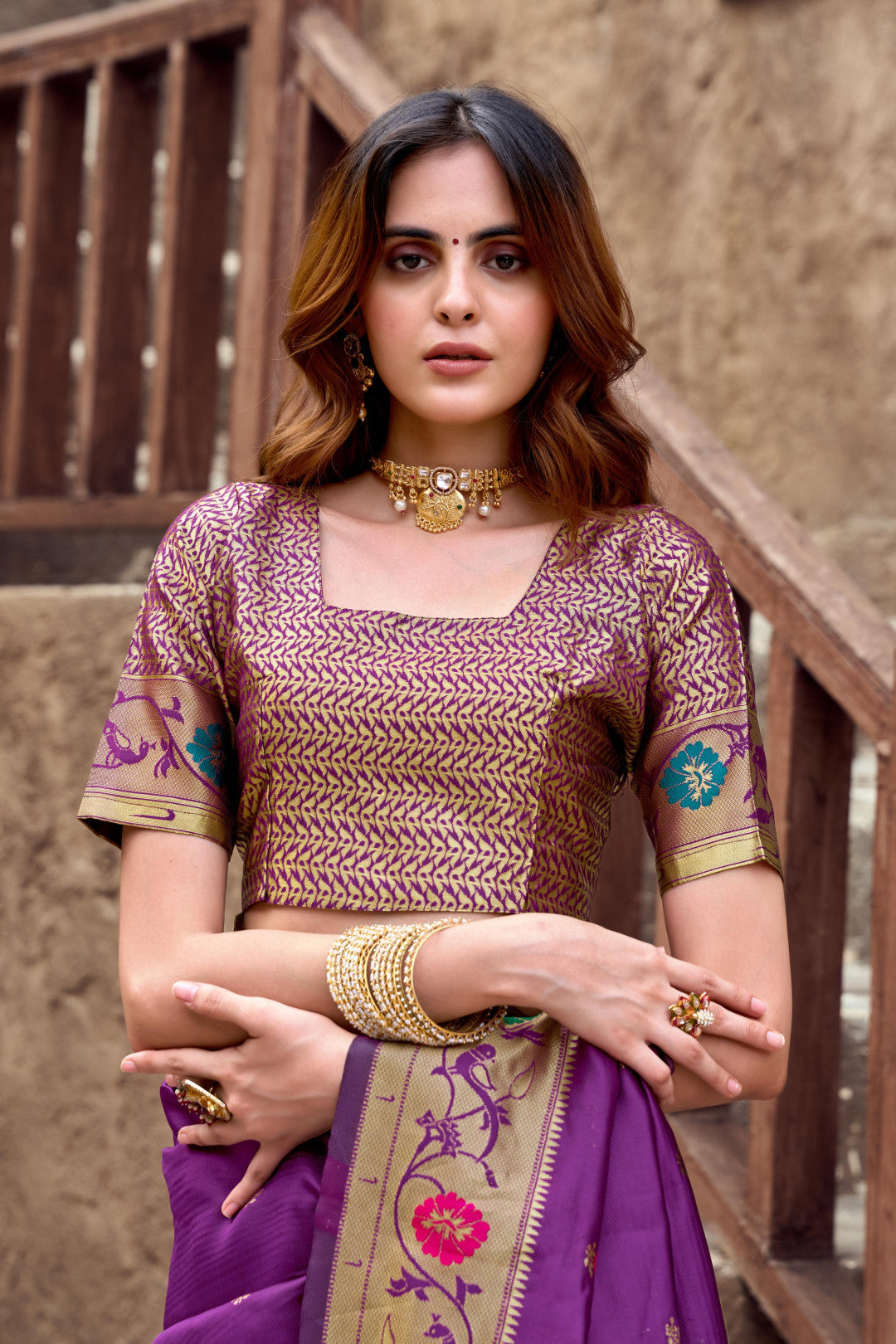 Traditional magenta paithani silk saree with zari weaving work