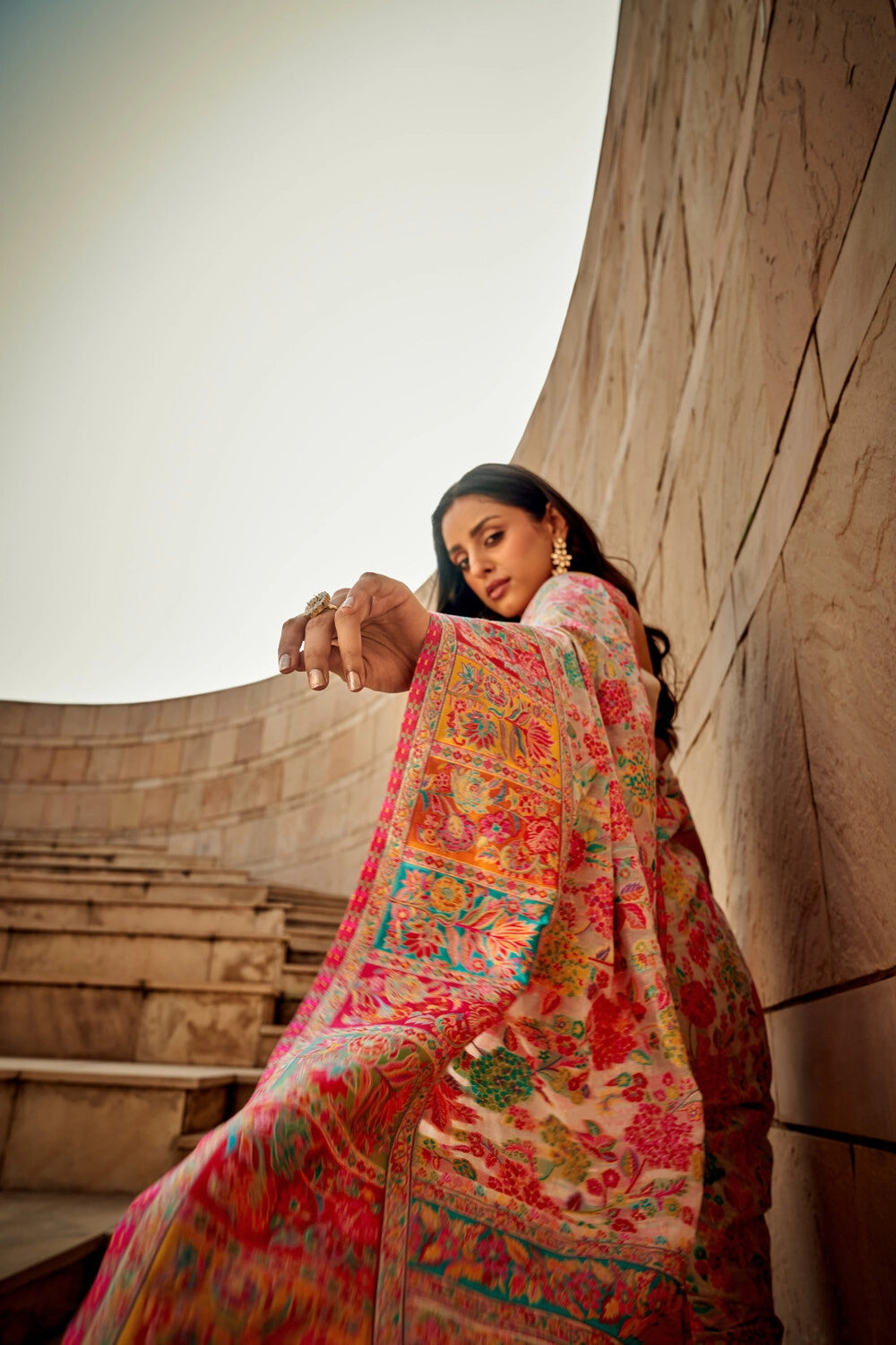 Cream traditional pashmina cotton saree with woven design