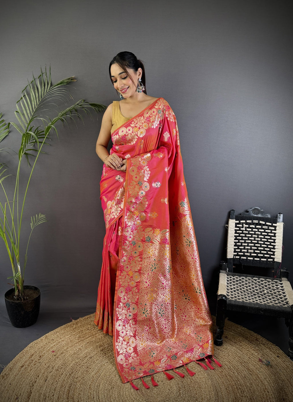 Peach premium banarasi silk saree with meenakari zari weaving work