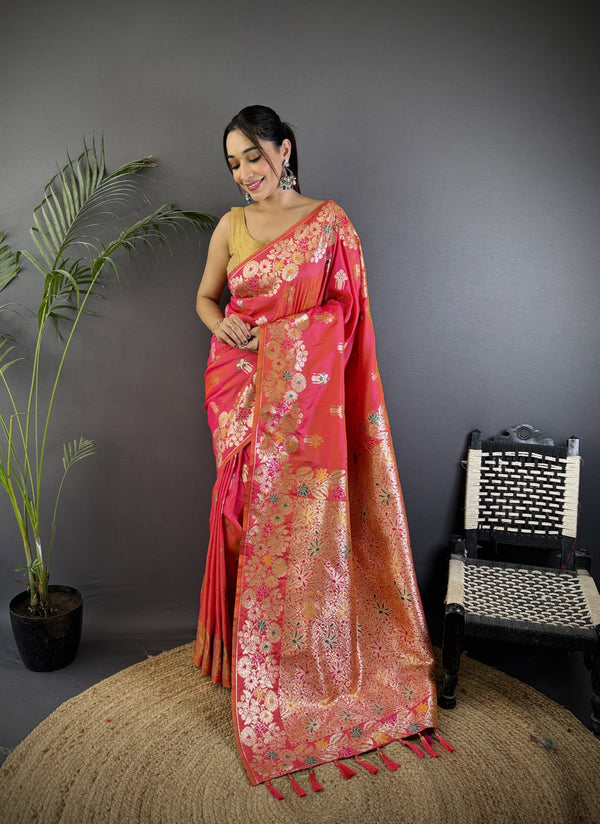 Peach premium banarasi silk saree with meenakari zari weaving work
