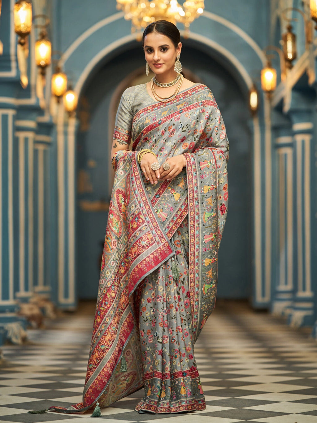 Gray exclusive pure pashmina silk saree with woven design