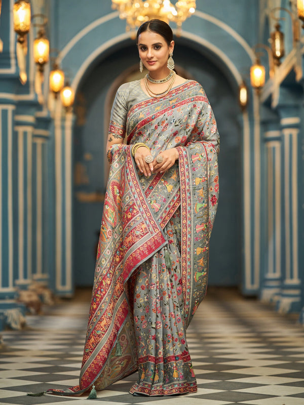 Gray exclusive pure pashmina silk saree with woven design