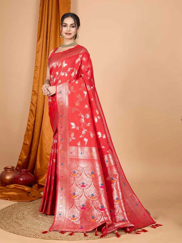 Red premium banarasi silk saree with meenakari zari weaving work