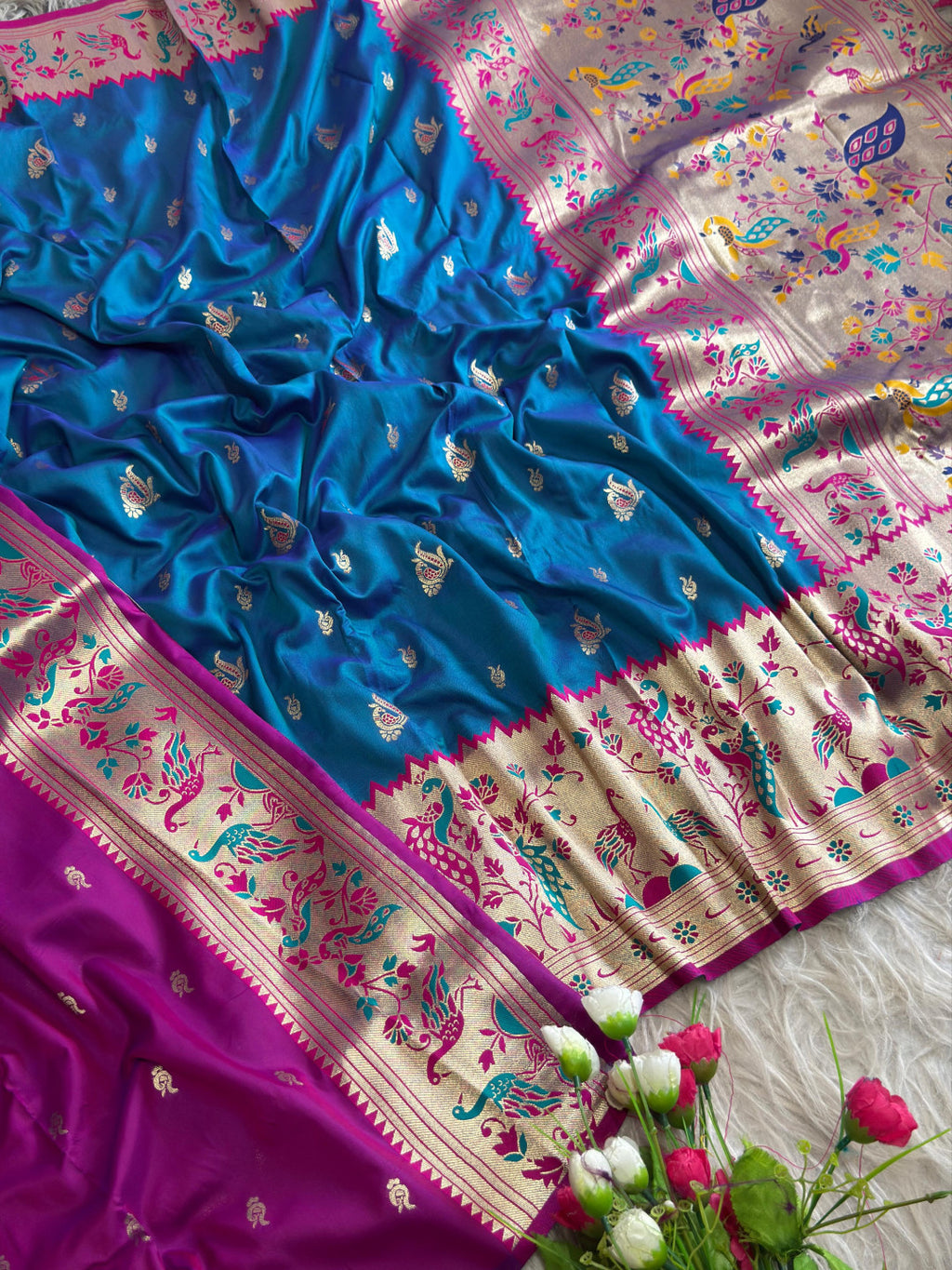 Firoji traditional paithani silk saree with peacock zari weaving work