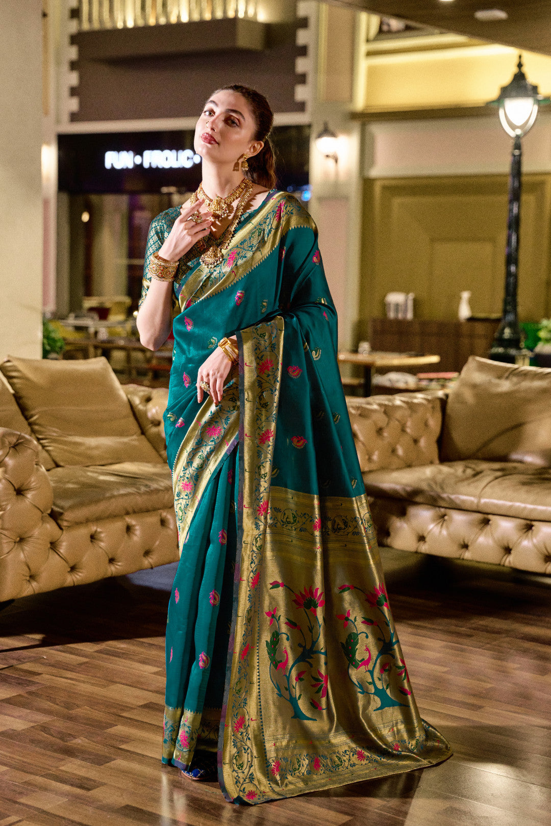 Traditional morpeach paithani silk saree with zari weaving work
