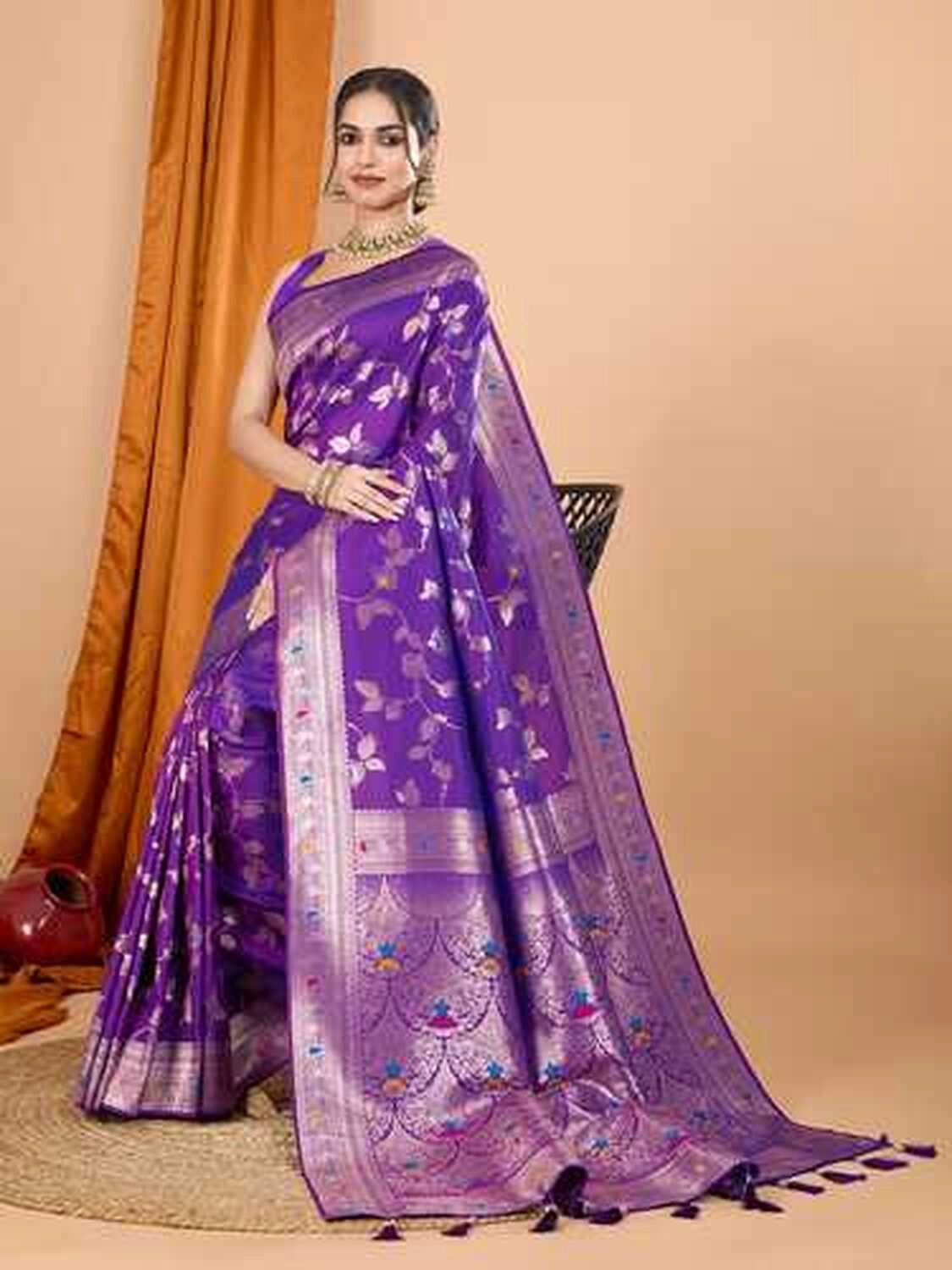 Purple premium banarasi silk saree with meenakari zari weaving work
