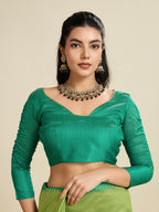 Parrot green color khadi raw silk saree with zari lining pallu with tample border
