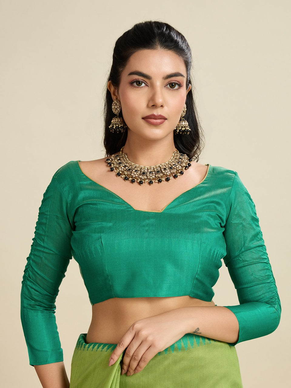 Parrot green color khadi raw silk saree with zari lining pallu with tample border