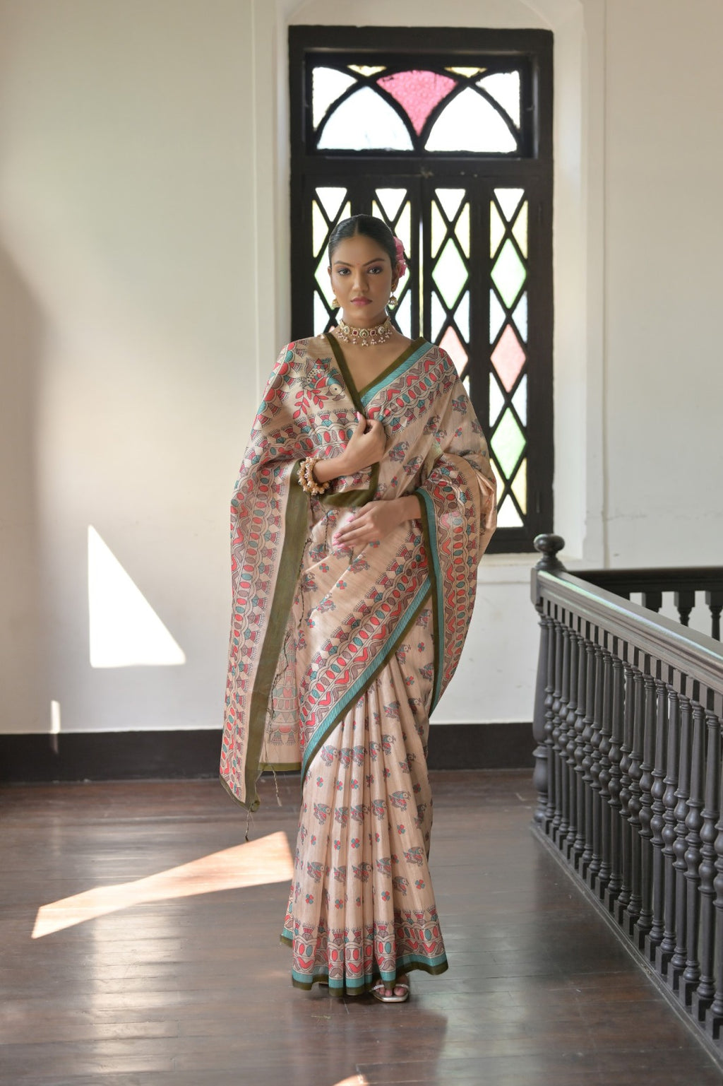 Beige color madhubani printed tussar silk saree