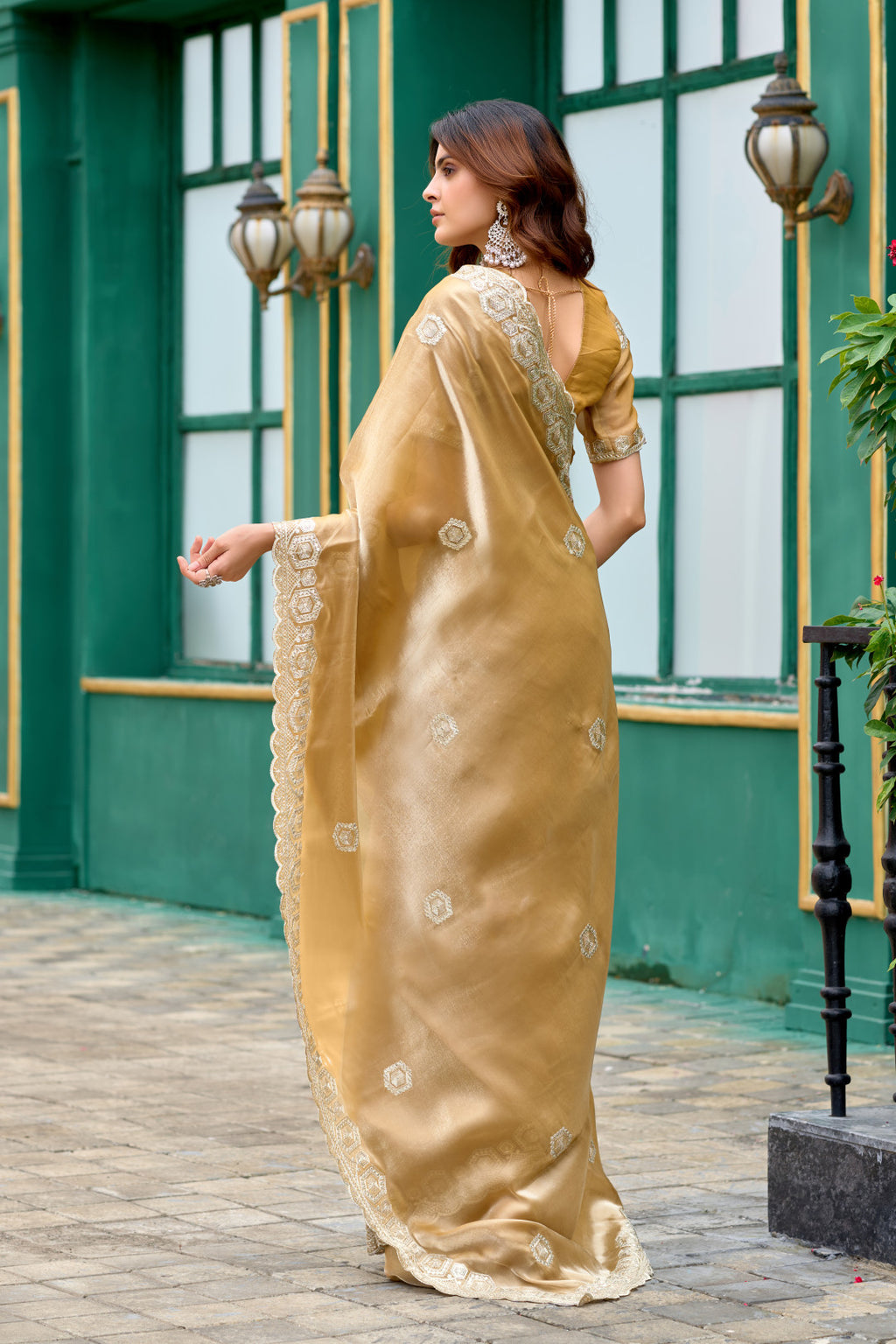 Beige fancy shimmer chiffon saree with embroidery work