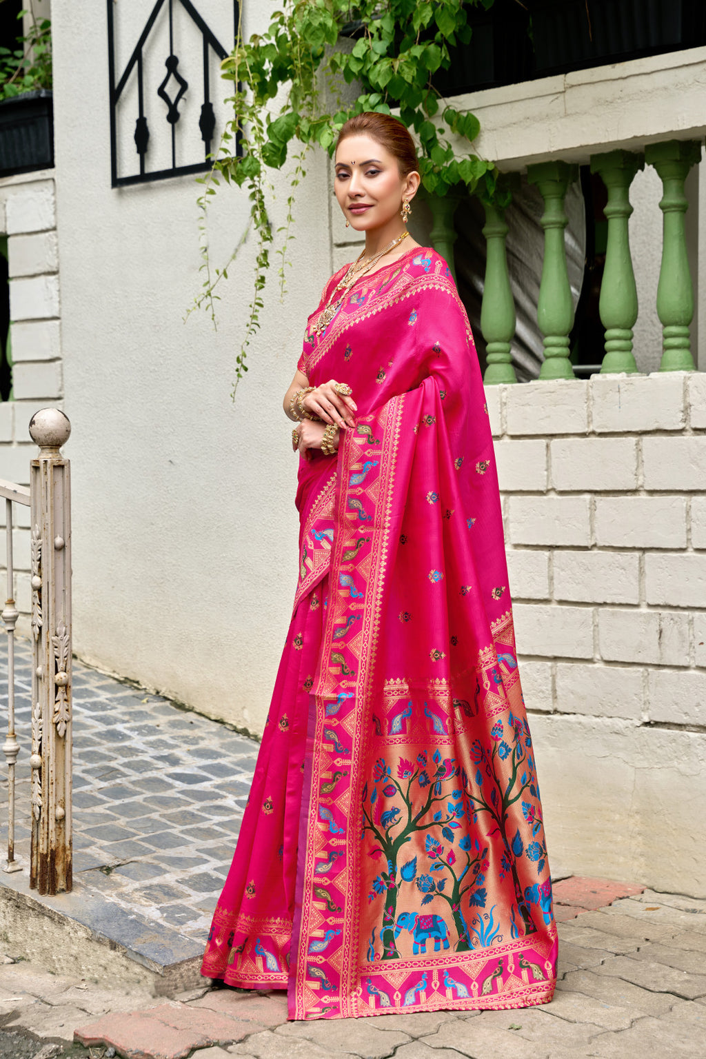 Traditional pink paithani silk saree with zari weaving work
