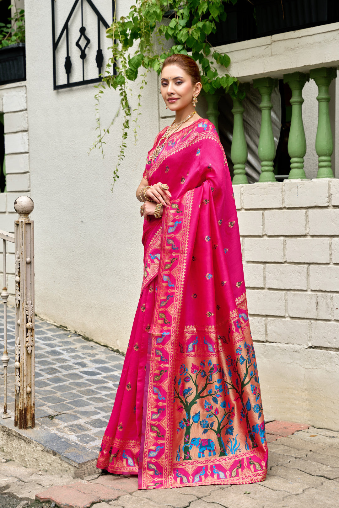 Traditional pink paithani silk saree with zari weaving work