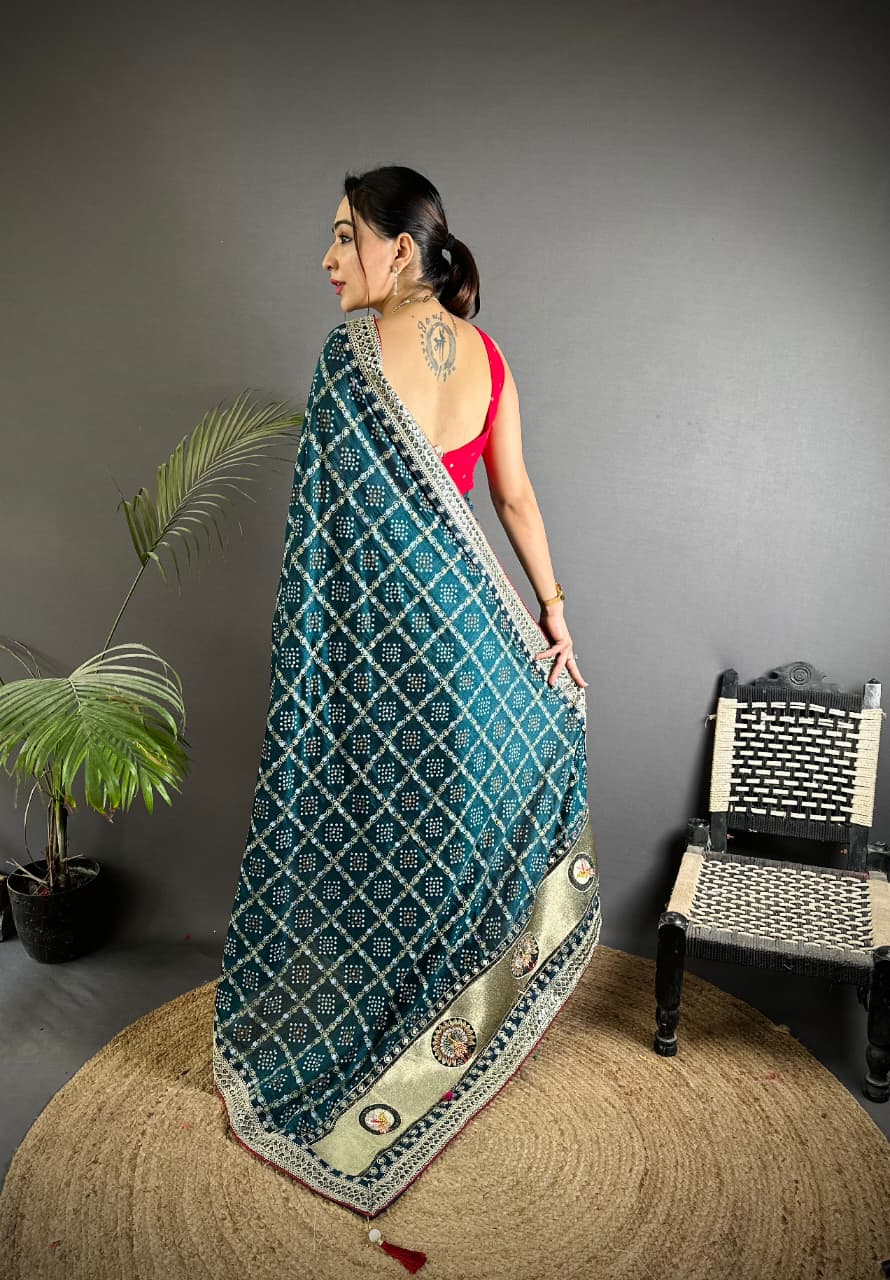 Firoji traditional blooming vichitra khadi bandhej silk saree with sequence work&nbsp;