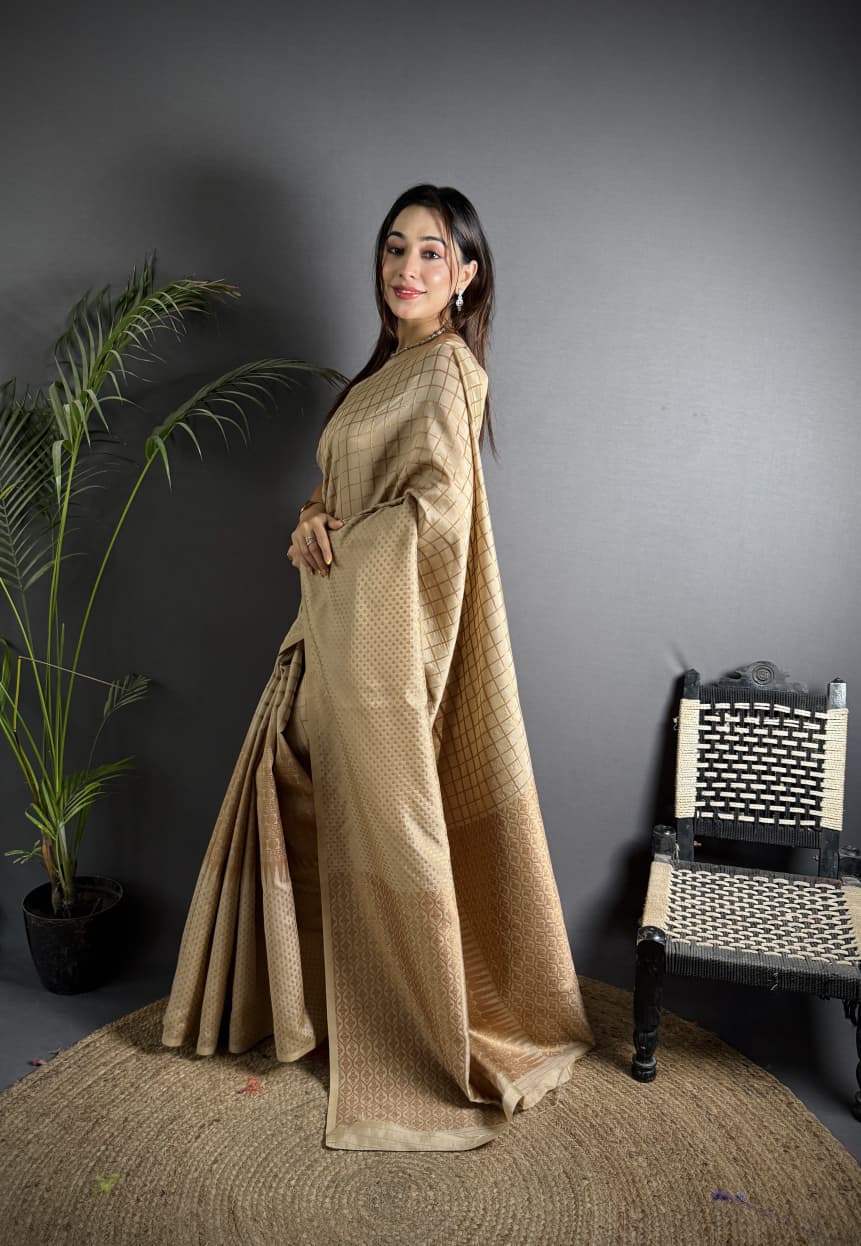 Beige color banarasi silk saree with zari weaving work