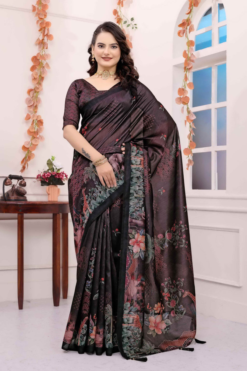 Brown kalamkari printed premium tussar silk saree