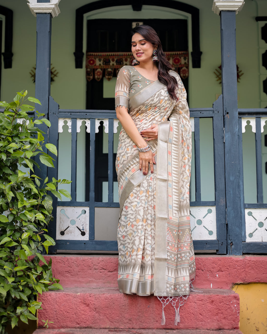 Beige summer special digital printed linen cotton saree