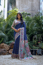 Firoji color tussar silk saree with madhubani printed work