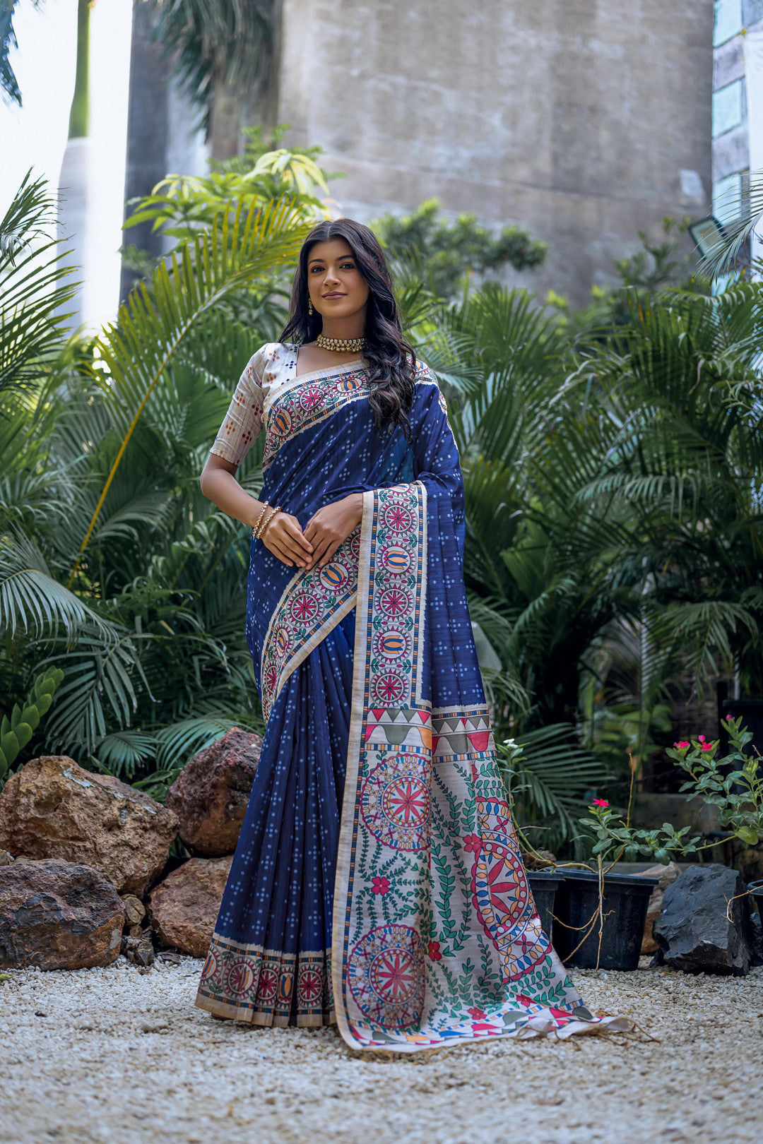 Firoji color tussar silk saree with madhubani printed work