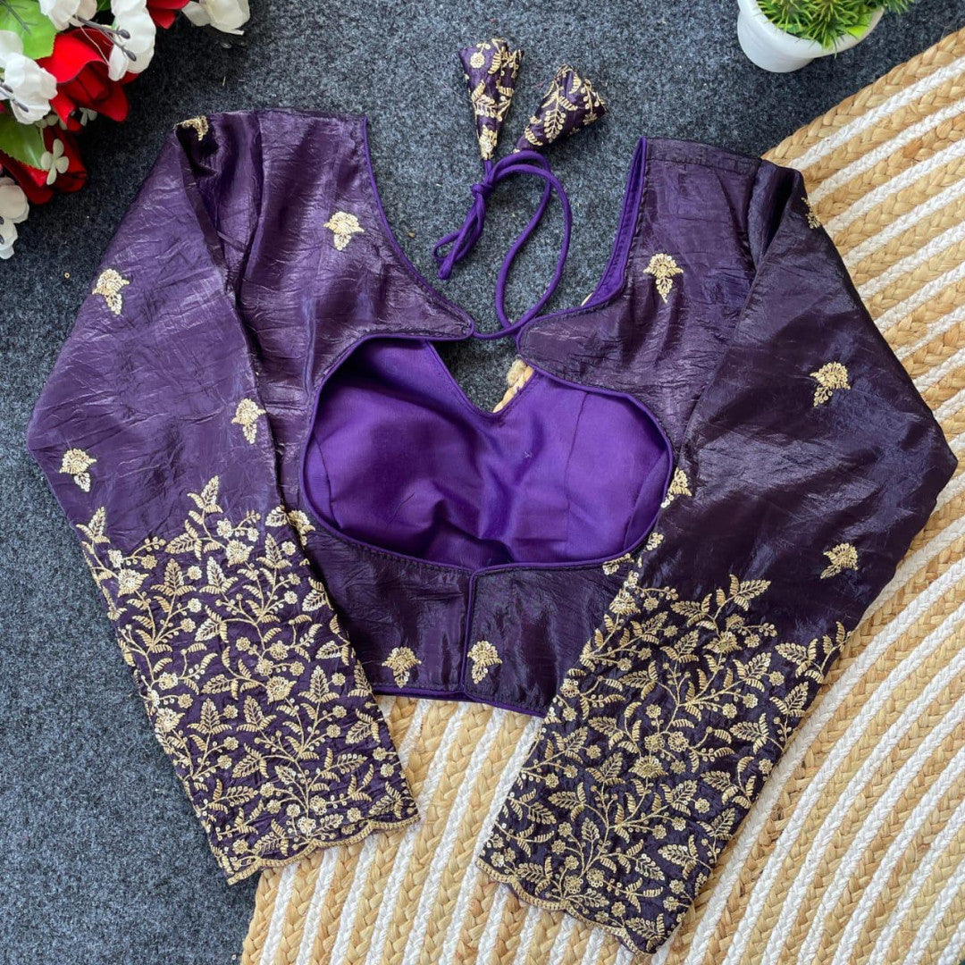 Purple golden crush readymade blouse with sequence and zari work