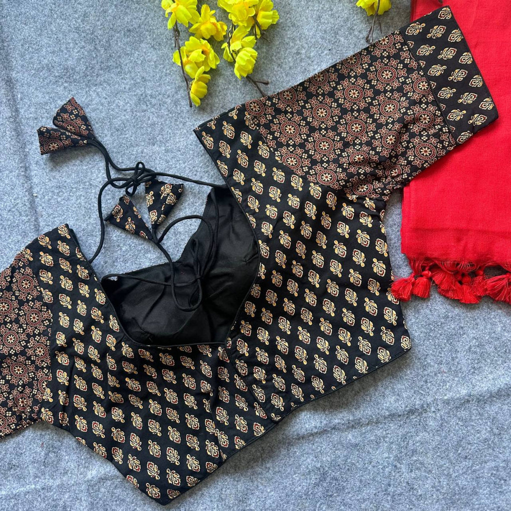 Black colour ajarakh printed cotton readymade blouse