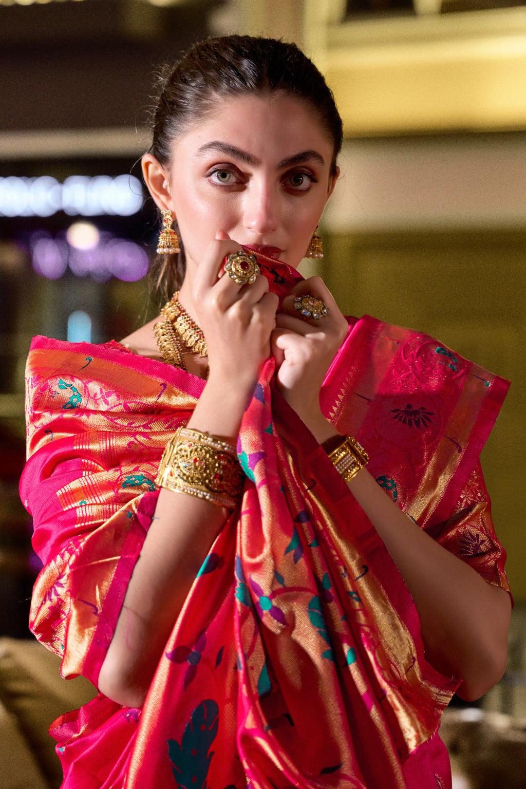 Traditional pink paithani silk saree with zari weaving work
