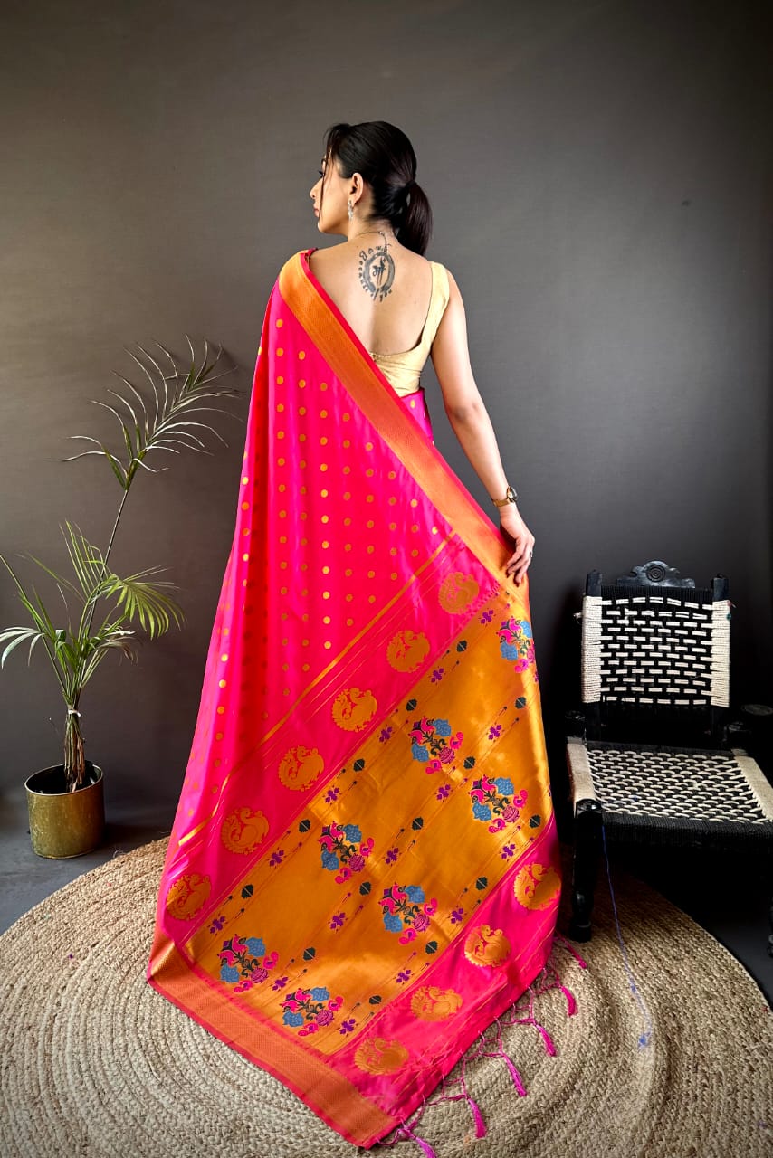 Pink traditional paithani silk saree with zari weaving work