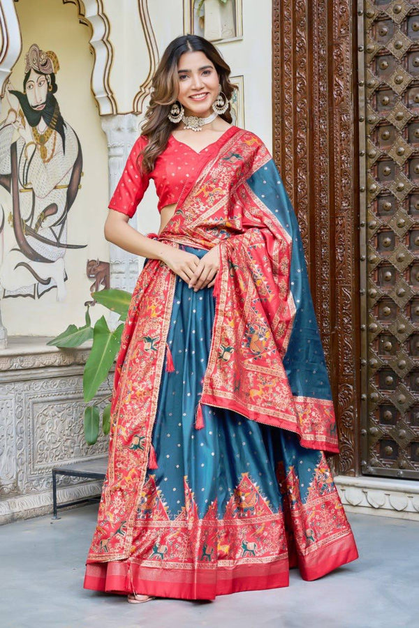 Firoji and red color dola silk lehenga with patola printed work