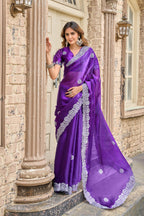 Purple fancy shimmer chiffon saree with embroidery work