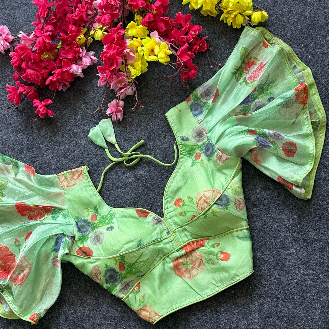 Pista green pure organza readymade blouse with printed work