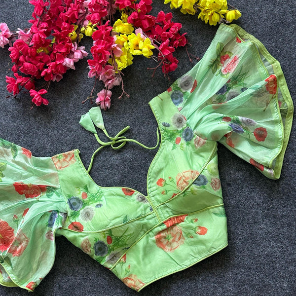 Pista green pure organza readymade blouse with printed work