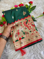 Dark green traditional paithani silk saree with peacock zari weaving work