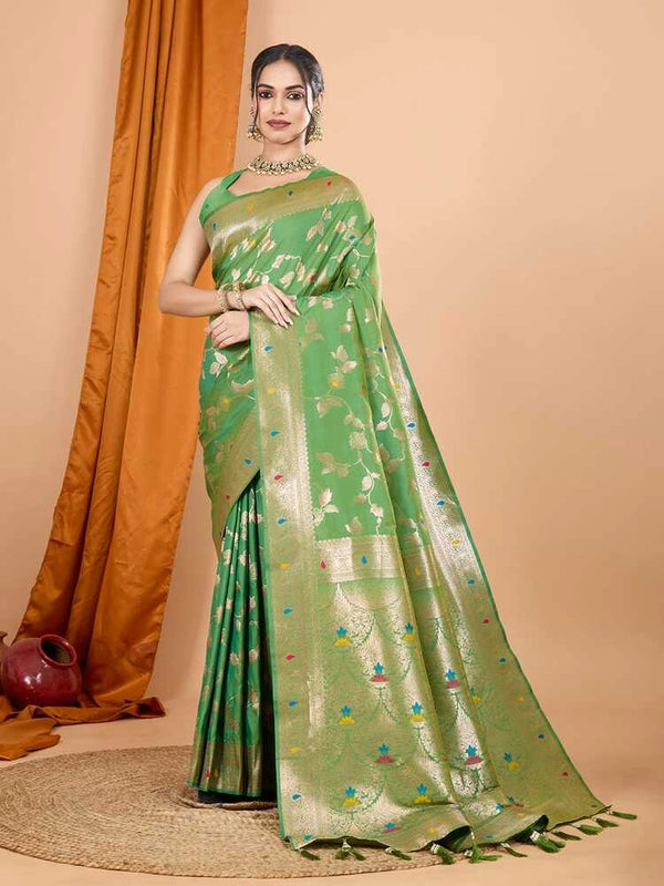 Pista green premium banarasi silk saree with meenakari zari weaving work
