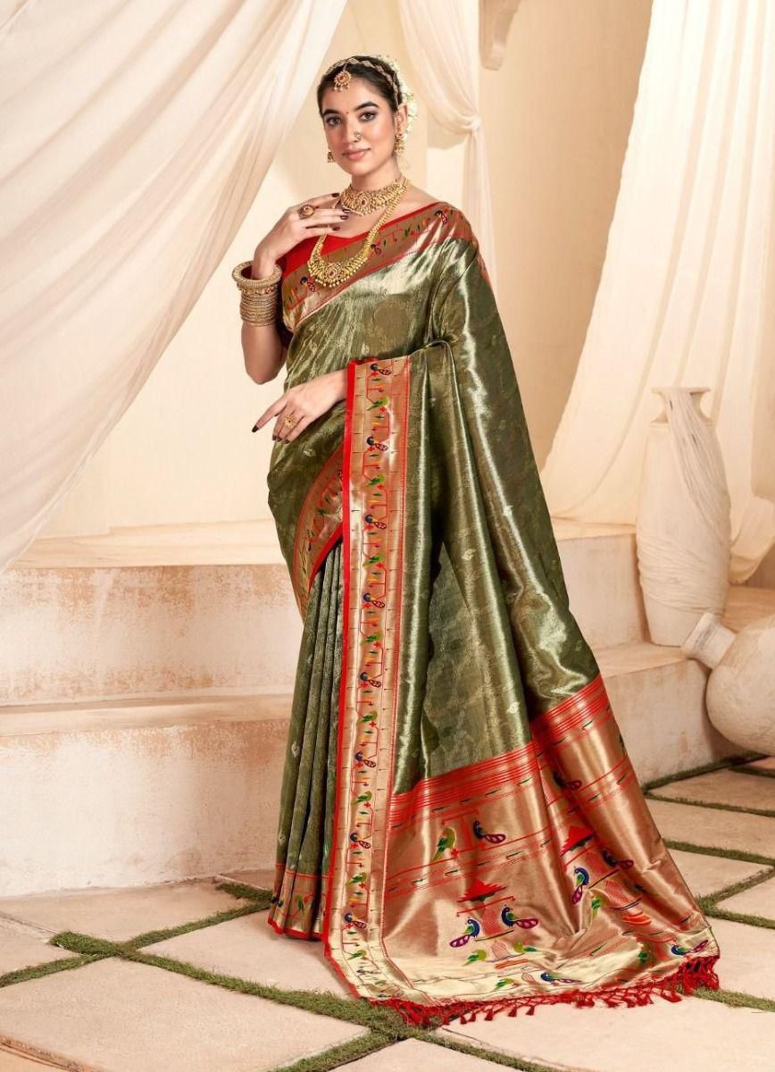 Mahendi green soft tissue paithani silk saree with zari weaving work