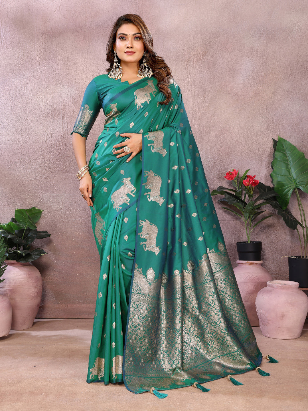 Rama green traditional banarasi silk saree with zari weaving work
