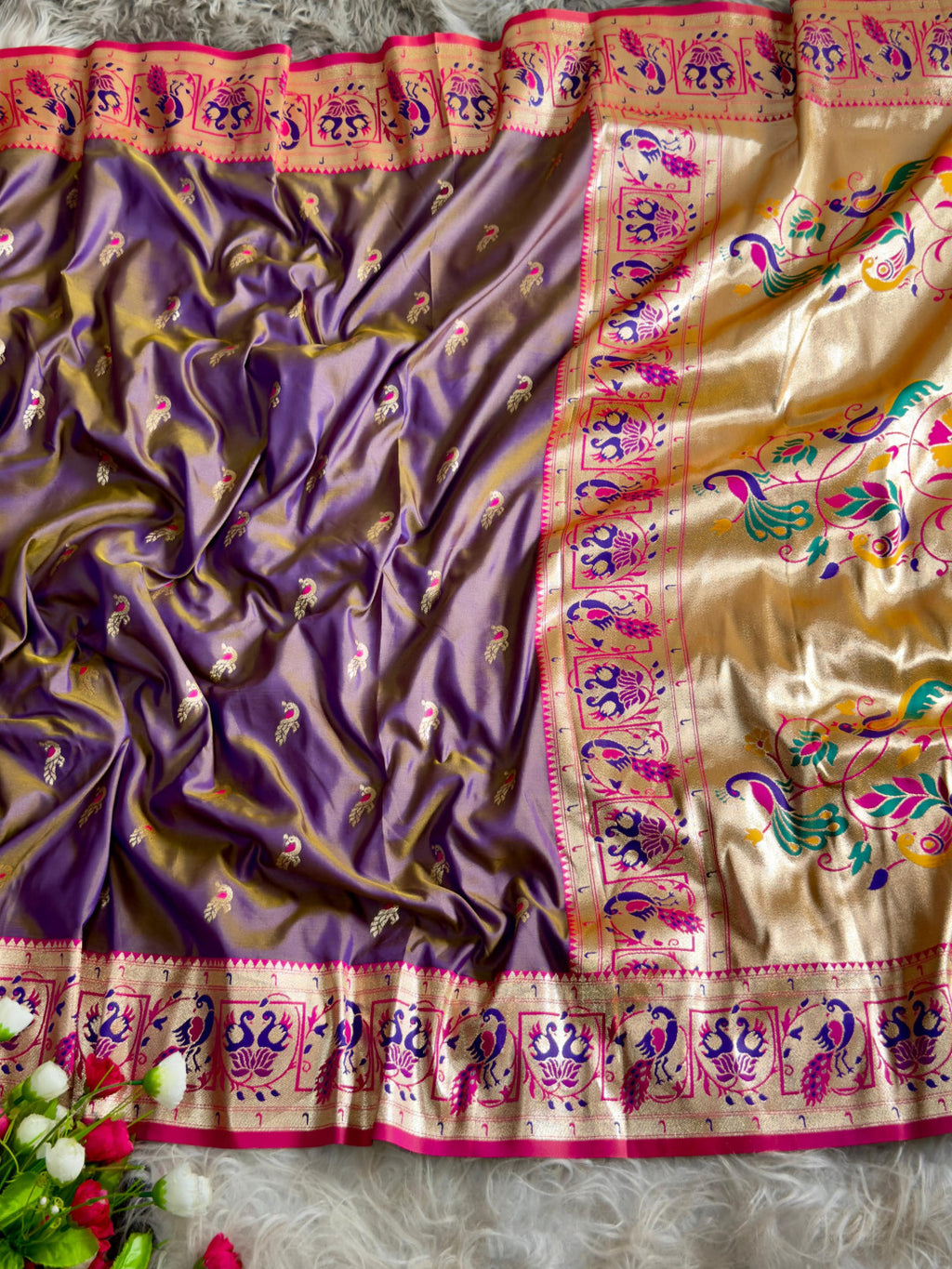 Lavender traditional paithani silk saree with peacock zari weaving work
