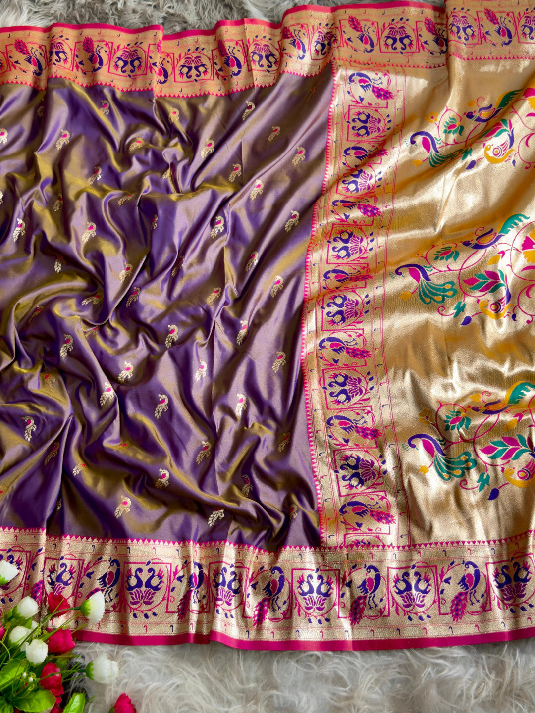 Lavender traditional paithani silk saree with peacock zari weaving work