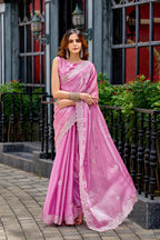 Firoji fancy shimmer chiffon saree with embroidery work