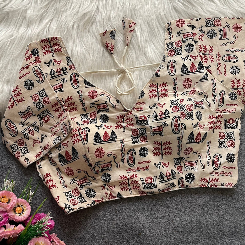 White colour ajarakh printed cotton readymade blouse