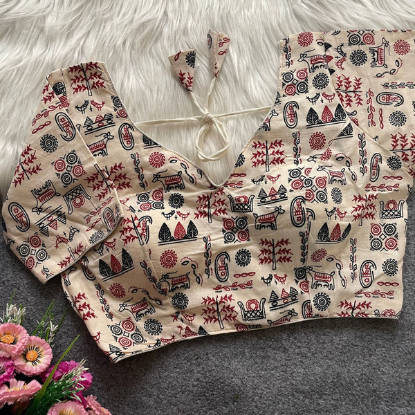 White colour ajarakh printed cotton readymade blouse