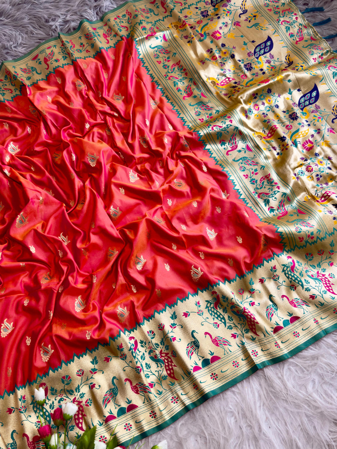 Orange traditional paithani silk saree with peacock zari weaving work