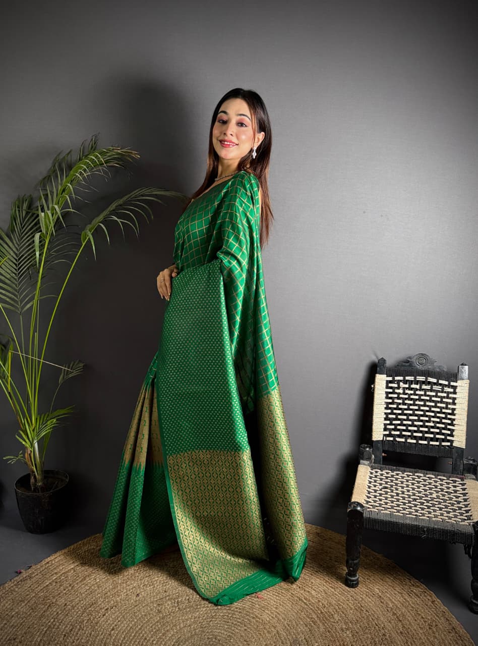 Green color banarasi silk saree with zari weaving work