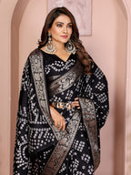 Black colour hand bandhej bandhani saree with zari weaving work