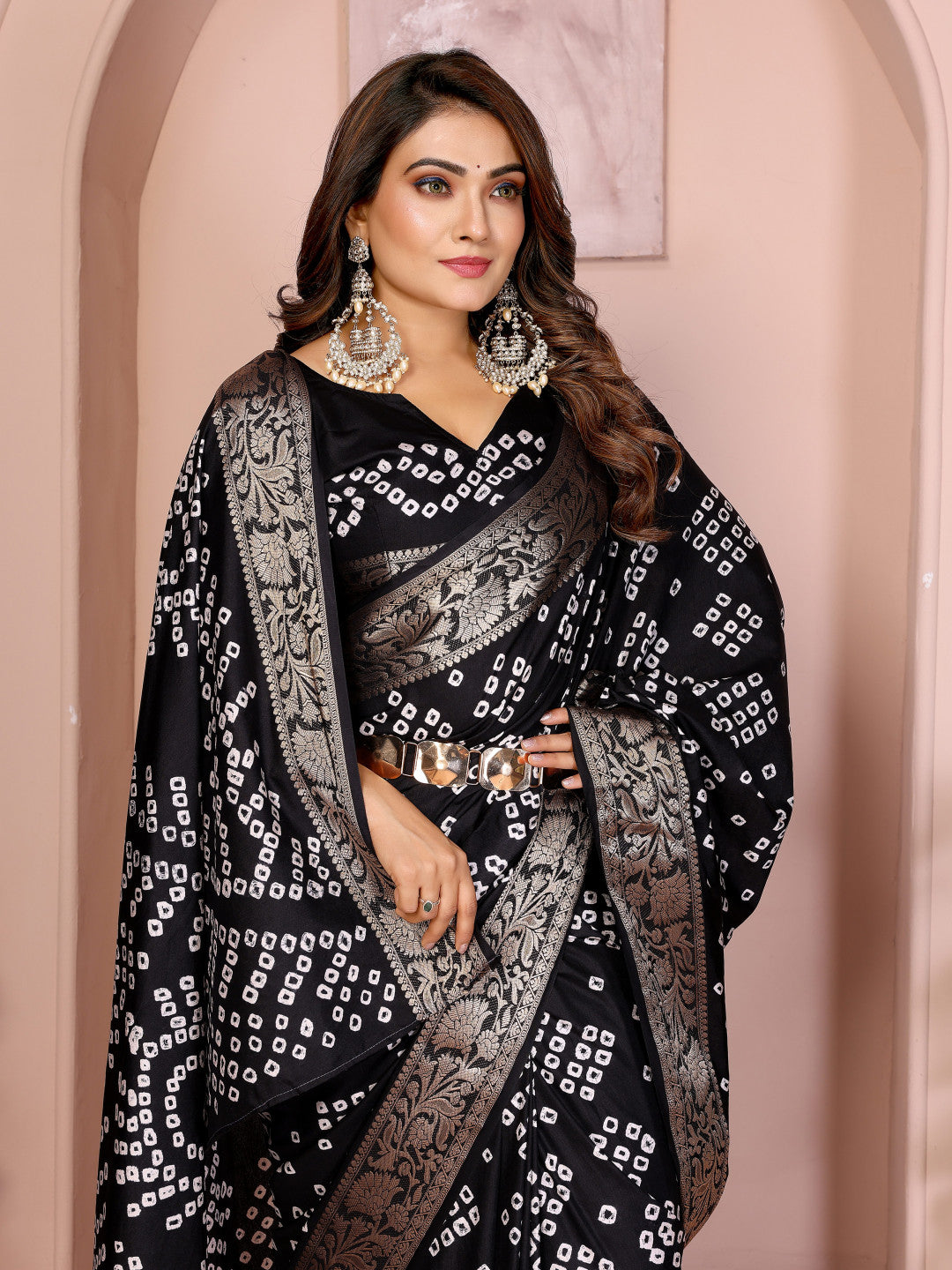 Black colour hand bandhej bandhani saree with zari weaving work