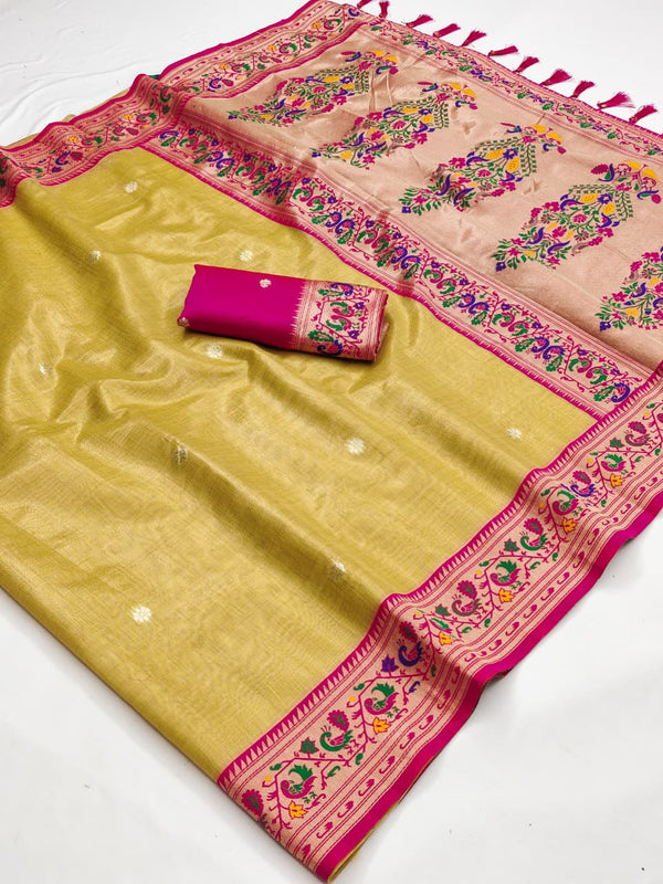 Light yellow soft tissue paithani silk saree with zari weaving work