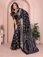 Black colour hand bandhej bandhani saree with zari weaving work