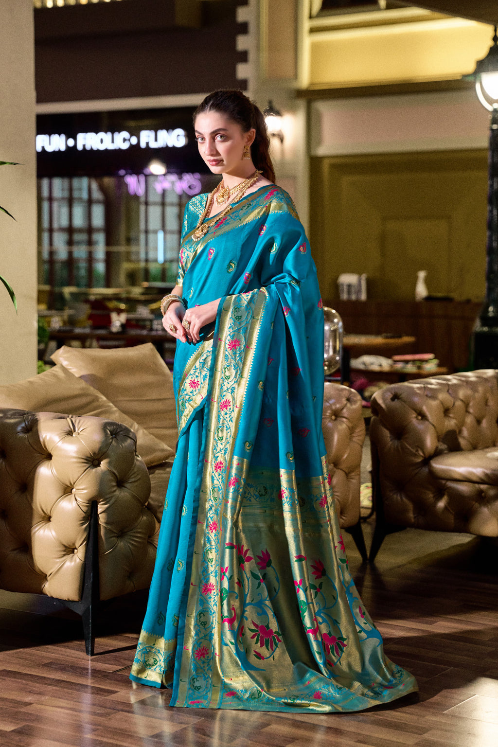 Traditional firoji paithani silk saree with zari weaving work